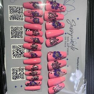 Sassy Nails Pink Press-On Nails with Black Floral Design